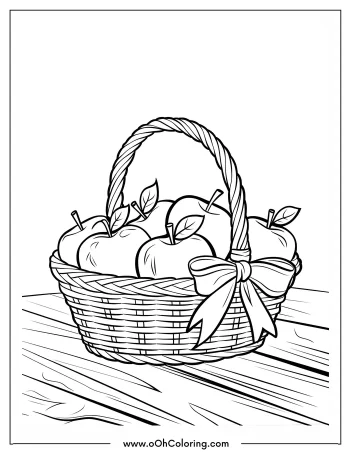 A coloring page of a basket filled with apples with a bow on the handle