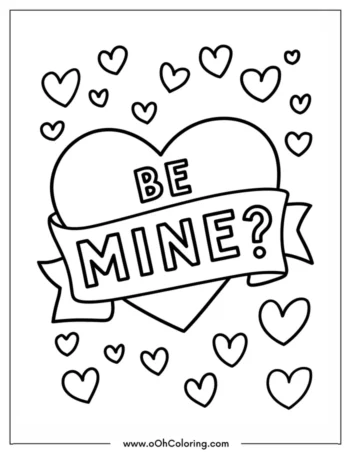 A coloring page with a heart containing the words 'Be Mine' and surrounded by smaller hearts