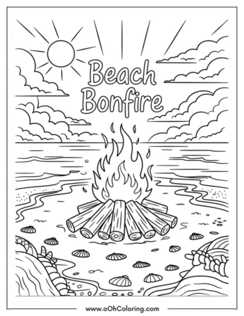 A coloring page of a bonfire on the beach with seashells around it