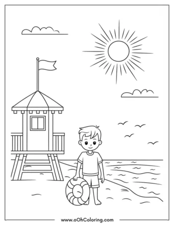 A coloring page of a boy holding a lifebuoy at the beach with a lifeguard tower in the background.