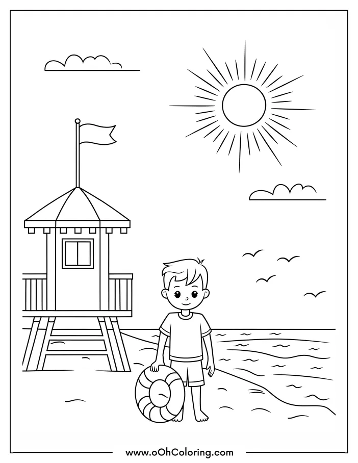 A coloring page of a boy holding a lifebuoy at the beach with a lifeguard tower in the background.