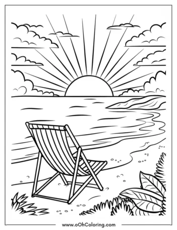 A coloring page of a beach chair facing an ocean sunset