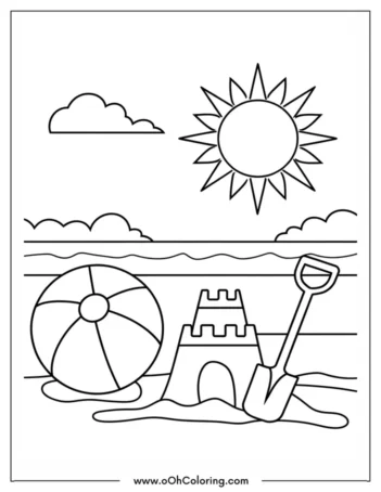 A coloring page of a beach with a sandcastle and beach ball