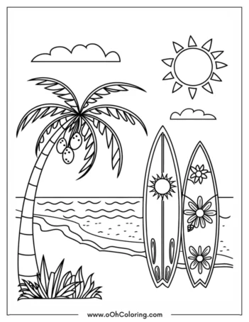 Coloring page of a beach with a palm tree and surfboards