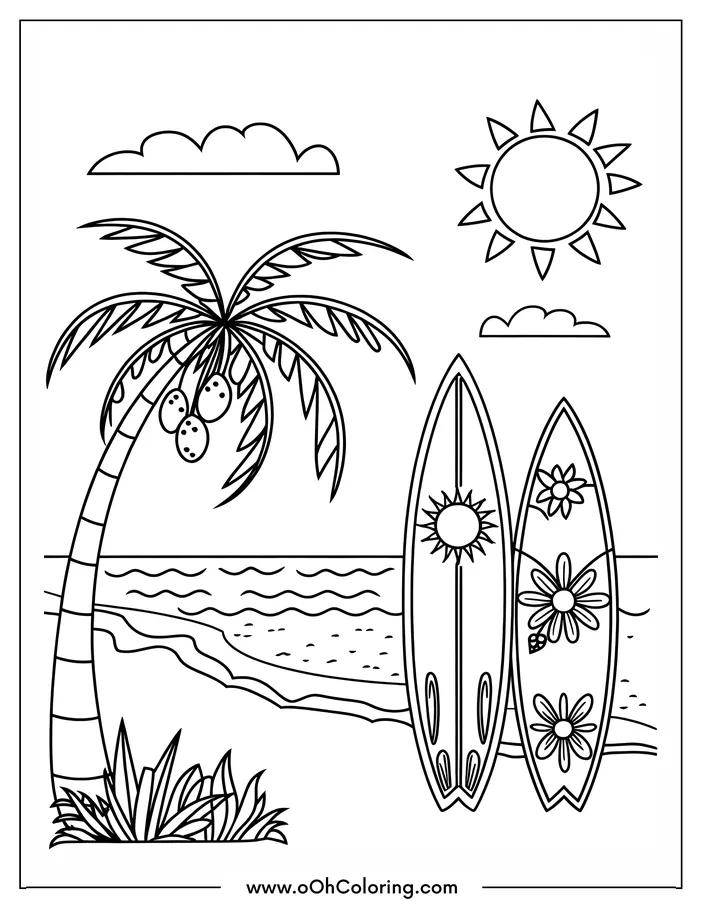 Coloring page of a beach with a palm tree and surfboards