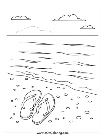 A coloring page of a beach with flip flops on the sand and waves in the background