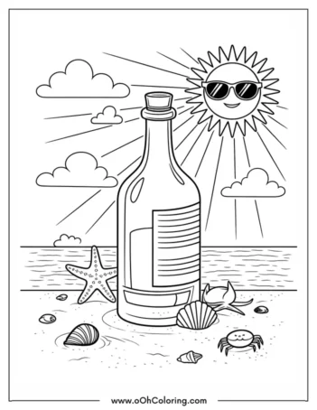 A coloring page of a beach with a sun, bottle, crab, and seashells