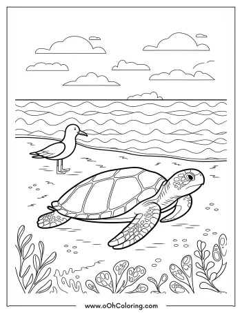 A coloring page of a turtle on a beach with a bird and ocean waves