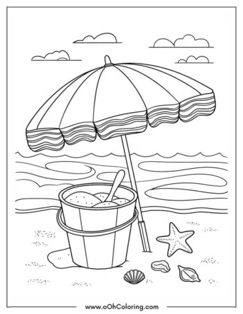 Coloring page of a beach umbrella with a bucket of sand and seashells