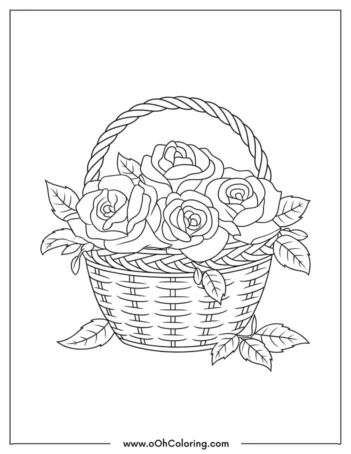 A coloring page of a basket filled with roses