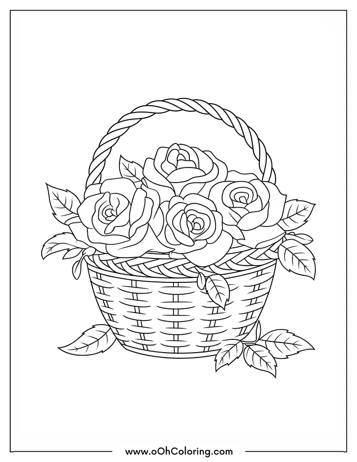 A coloring page of a basket filled with roses
