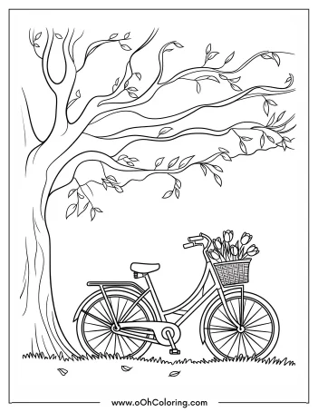 Coloring page of a bicycle with a flower basket under a tree