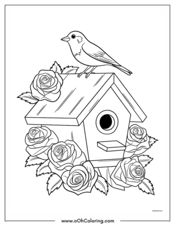 A coloring page of a bird on a birdhouse with roses around it