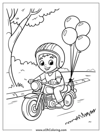 Coloring page of a boy riding a motorcycle with balloons attached