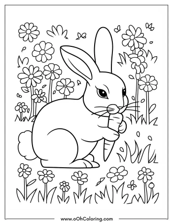 A coloring page of a bunny holding a carrot in a field of flowers
