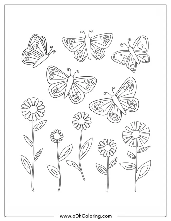 Coloring page with multiple butterflies and flowers