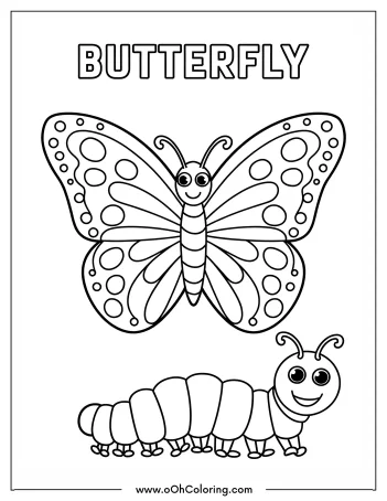 Cartoon butterfly and caterpillar coloring page for kids.
