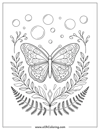 Coloring page of a butterfly with floral patterns and bubbles