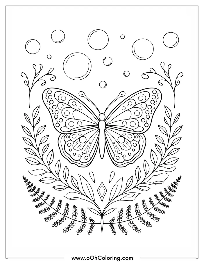 Coloring page of a butterfly with floral patterns and bubbles