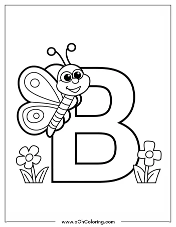 Coloring page with a butterfly on the letter B and two flowers.