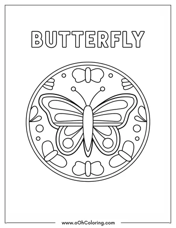 Butterfly mandala coloring page with central and surrounding butterfly designs.