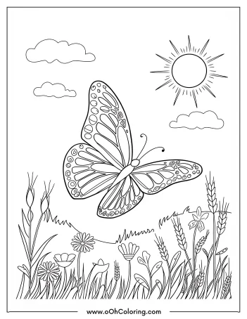 Coloring page with a butterfly among flowers under the sun.