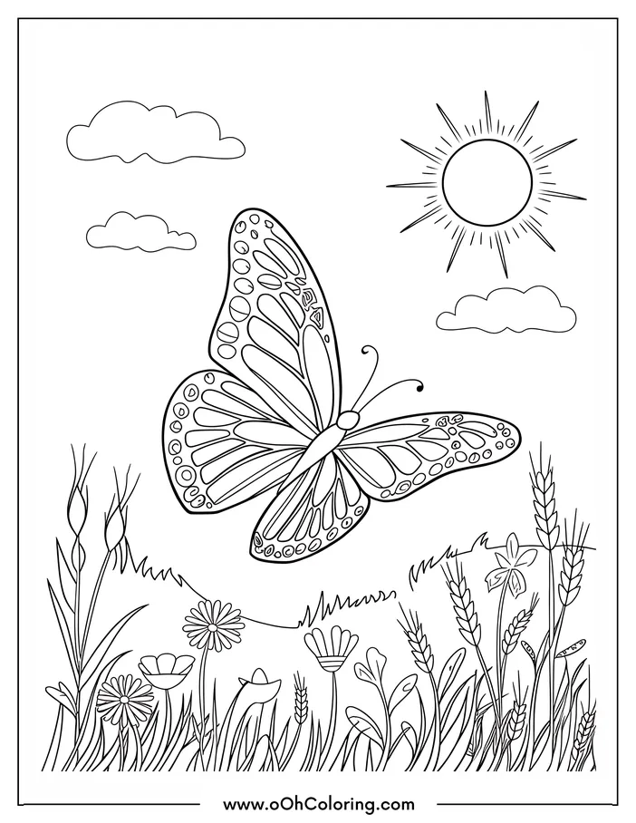 Coloring page with a butterfly among flowers under the sun.