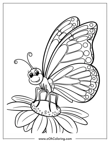 Butterfly on a flower coloring page for kids.