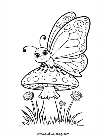 Cartoon butterfly sitting on a polka-dotted mushroom with flowers.