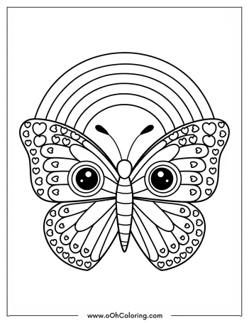 Coloring page with a butterfly and rainbow