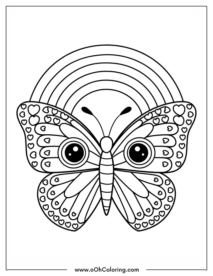 Coloring page with a butterfly and rainbow
