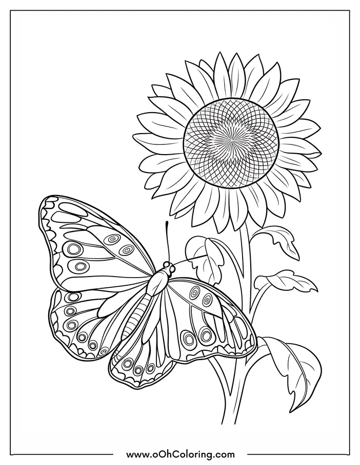 Coloring page with a butterfly and sunflower