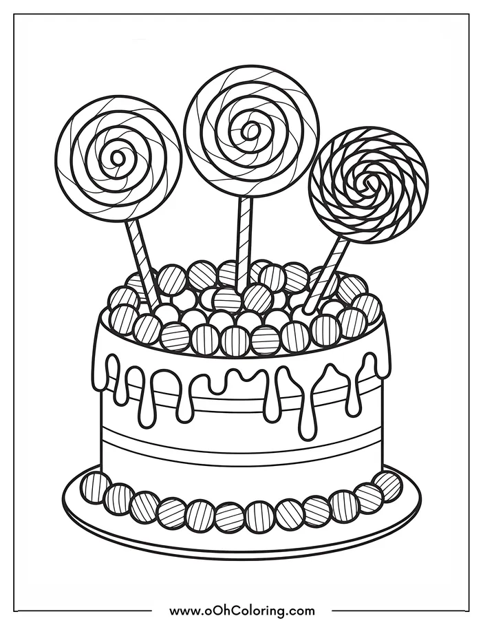 A coloring page of a cake decorated with lollipops and candy.