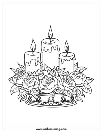 A coloring page depicting three candles with roses around them.