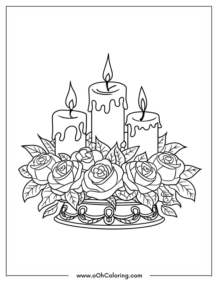 A coloring page depicting three candles with roses around them.
