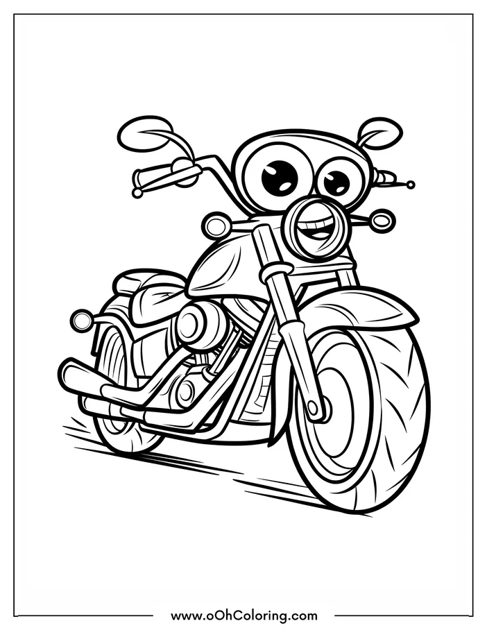 A coloring page of a cartoon motorcycle with large eyes and exaggerated features.
