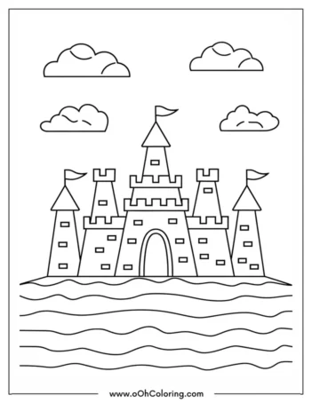 A coloring page of a castle with towers by the sea under clouds.