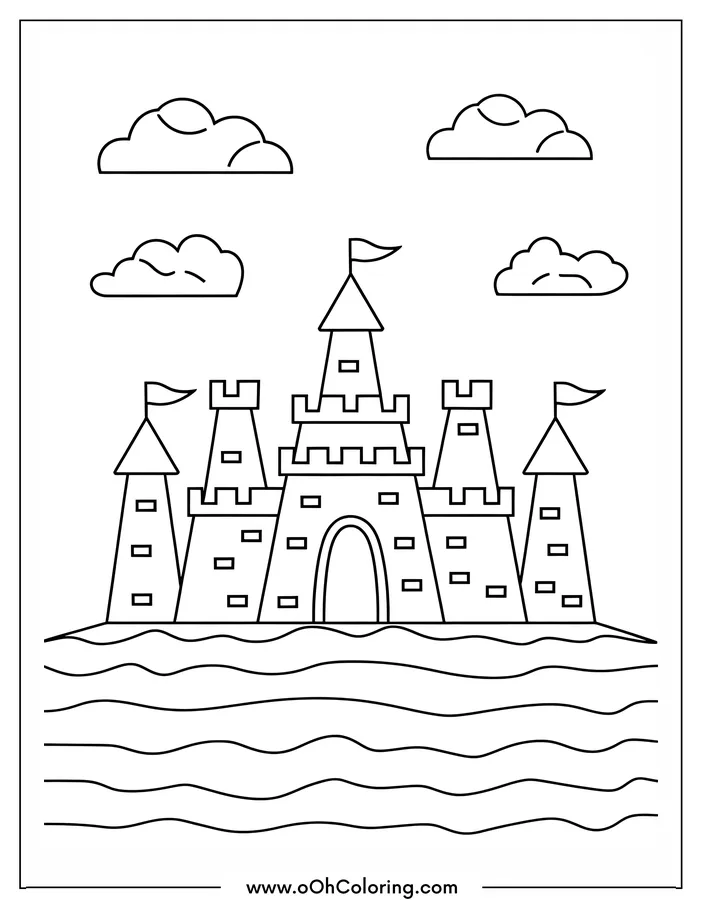 A coloring page of a castle with towers by the sea under clouds.