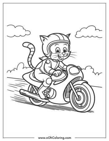 A cat wearing a helmet riding a motorcycle in a coloring page