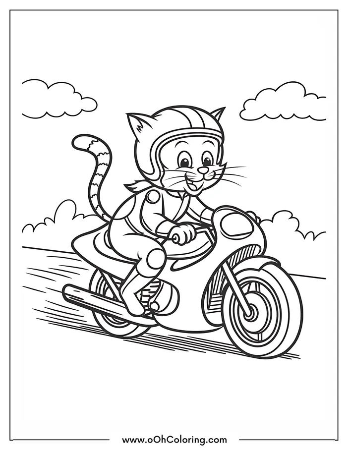 A cat wearing a helmet riding a motorcycle in a coloring page
