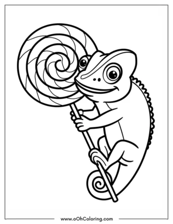 Coloring page of a chameleon holding a lollipop.