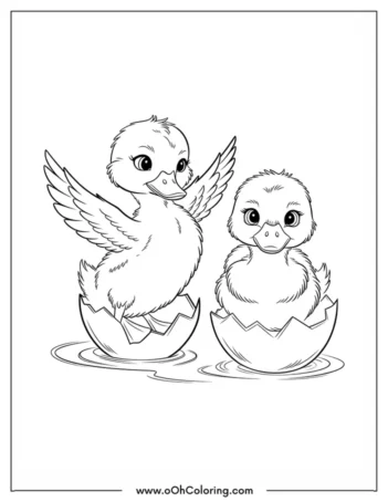 Coloring page of two ducklings hatching from eggs