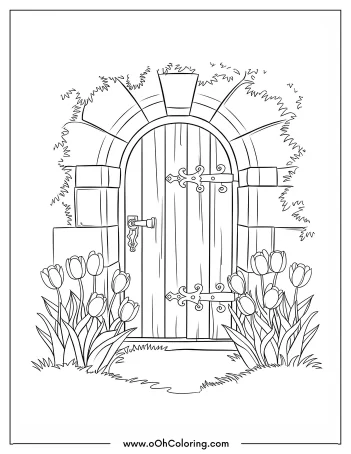 A coloring page of a rustic wooden door with tulips around it