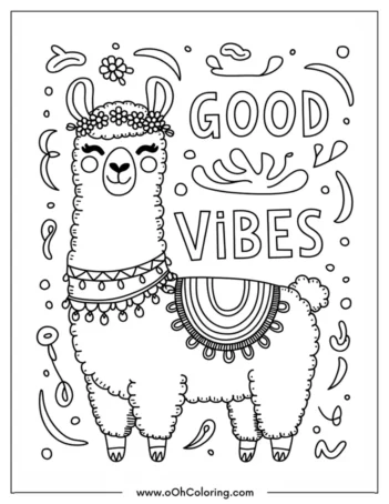 Coloring page of a llama with decorative details and the words 'Good Vibes'