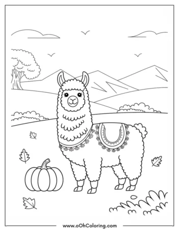 A coloring page of a llama standing next to a pumpkin in a hilly autumn landscape