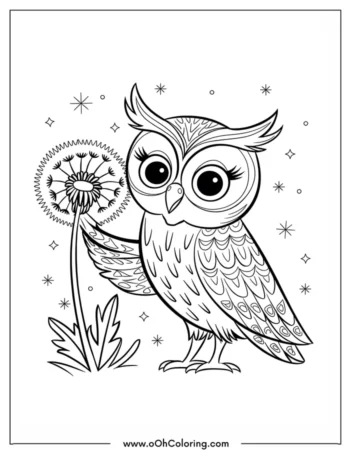 A coloring page of a cute owl next to a dandelion with stars around