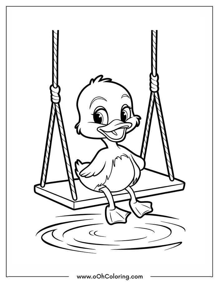 A coloring page of a smiling duck sitting on a swing above a pond
