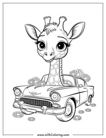 A coloring page of a giraffe with large eyes in a classic car amid flowers