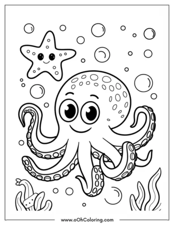 A coloring page of a happy octopus and starfish with bubbles.