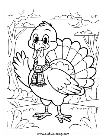 Cheerful turkey wearing a scarf in a forest, coloring page.